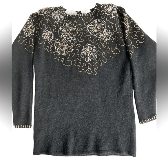 Vintage Retro Shannan black beaded embellished wool angora sweater Size Large - Picture 2 of 11